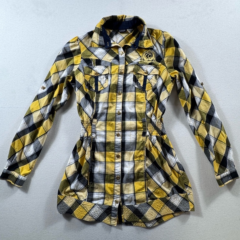 COOGI Yellow Plaid Button Front Tunic Shirt Women’s L Embroidered Logo Y2K